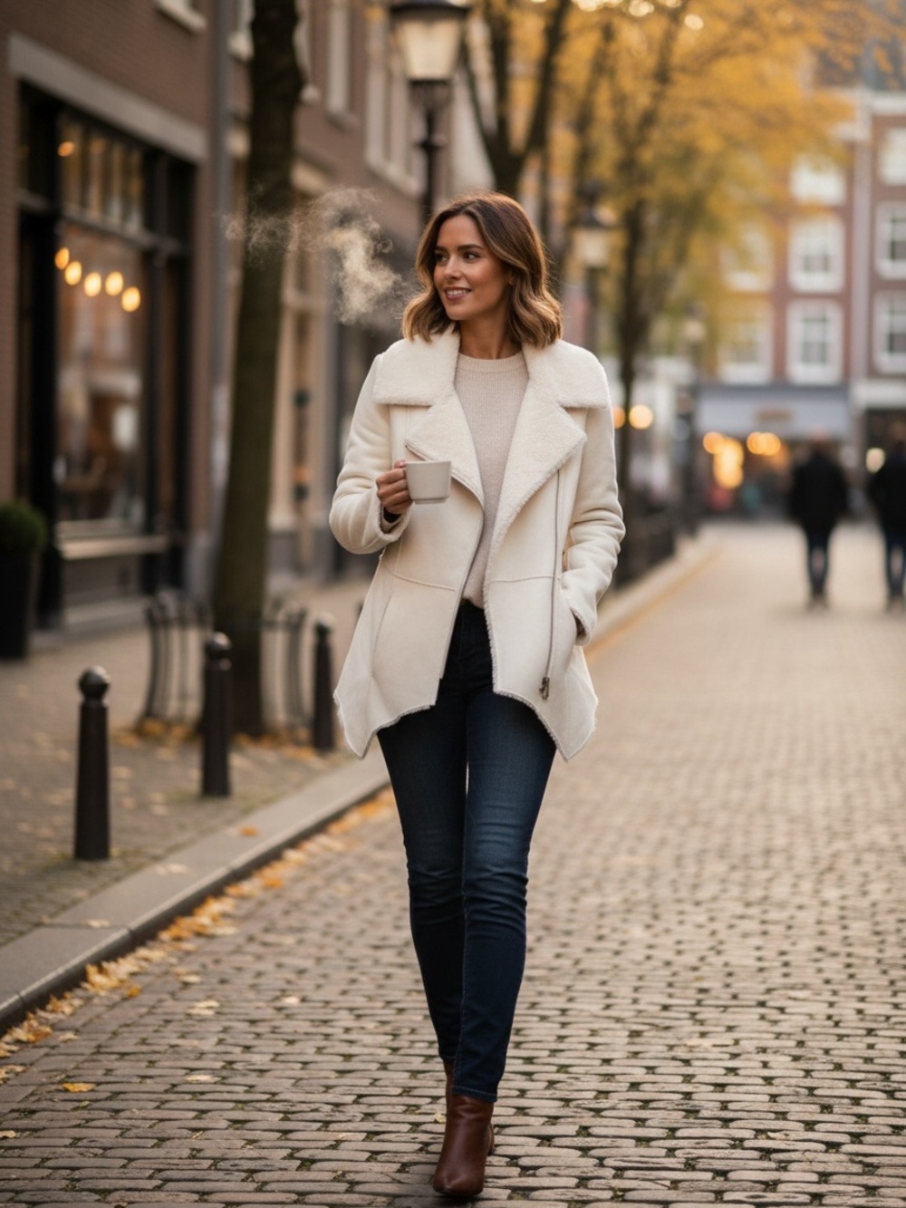 Elegant Cream Teddy Jacket with Faux Fur Collar